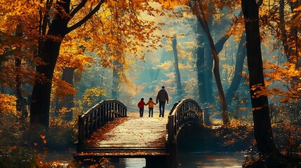 A family walking across a wooden bridge in a forest, with the vibrant colors of autumn leaves all around
