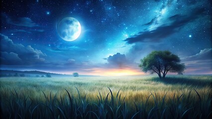 Grassland and field silhouette painting at night