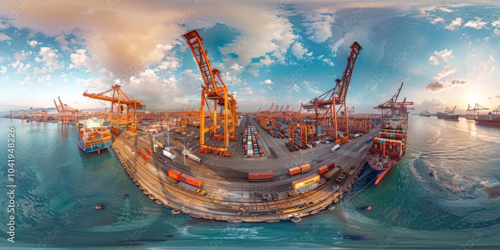 Poster an immersive 360-degree panorama of a bustling port terminal, with massive cranes unloading cargo fr