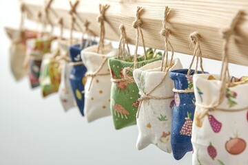 A DIY advent calendar made from small reusable cloth pouches, each one tied with a piece of twine and hung on a wooden frame. The pouches are filled with eco-friendly, handmade treats.