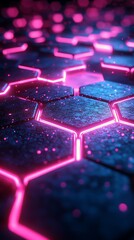 Fototapeta premium Abstract hexagonal grid with glowing neon pink and blue highlights, each hexagon softly illuminated, layered depth with shadows, dark backdrop for maximum contrast, futuristic aesthetic,