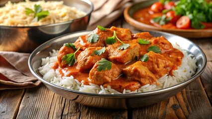 Indian chicken tikka masala with basmati rice served at a tilted angle