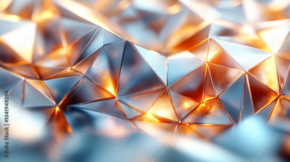 Poster A close-up view reveals a captivating metallic surface composed of triangular shapes that catch and reflect warm light, creating an energetic feel.