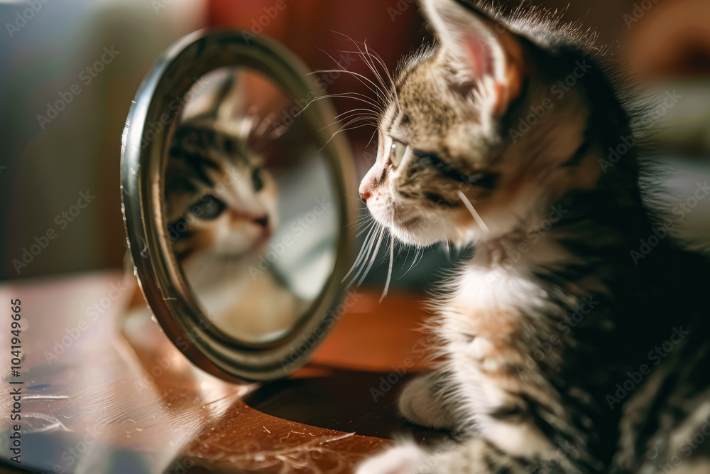 Poster kitten is looking at its reflection in a mirror. concept of curiosity and wonder as the kitten explo