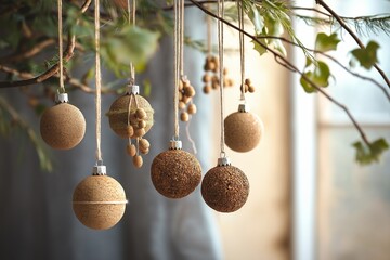 A set of eco-friendly Christmas ornaments made from upcycled materials like wine corks, twine, and small wooden beads, hanging from a simple yet elegant tree. 