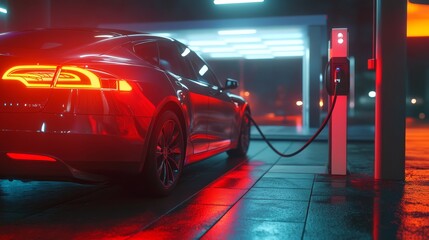 Fototapeta premium Charging an electric car at a gas station, an environmental concept