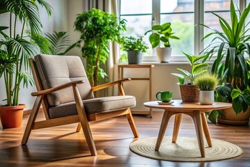 Obraz premium Minimalist Living Room Interior with Wooden Chair, Coffee Table, and Indoor Plants for a Cozy Atmosphere