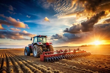 Obraz premium Minimalist Multirow Disc Harrow with Tractor in Agricultural Field - Farming Equipment Photography