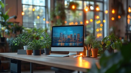 Modern workspace featuring a computer and indoor plants.