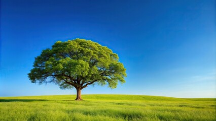 Obraz premium Forced perspective image of tree in grass field under clear blue sky