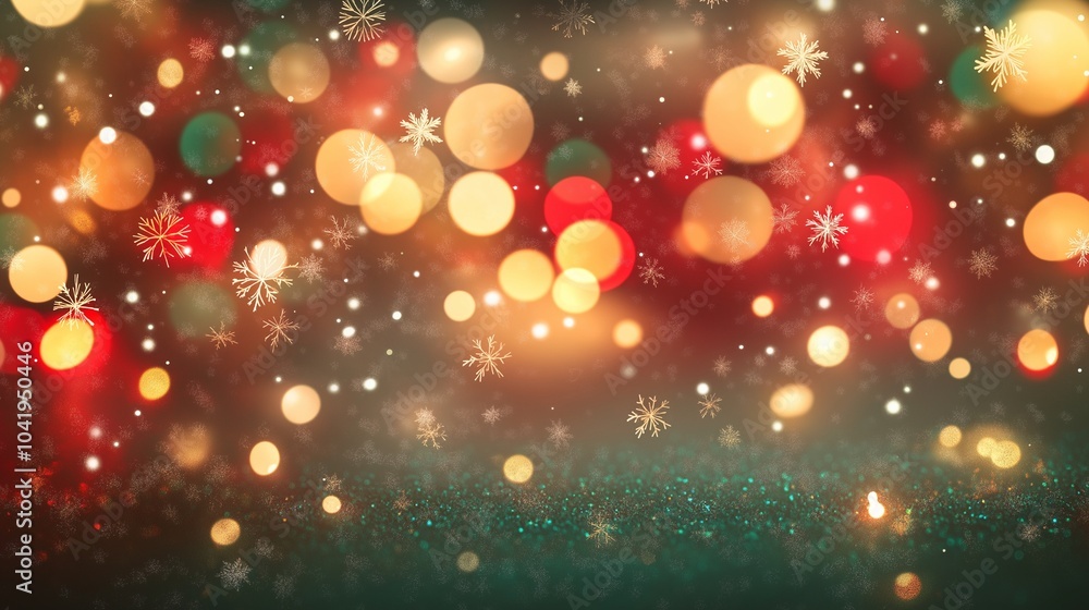 Poster a festive abstract scene with blurred bokeh lights in red, gold, and green, creating a soft and magi