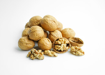 Ripe dry split walnut. Walnuts Isolated on White Background. closeup of shelled organic walnut halves. walnut, nut, full depth of field