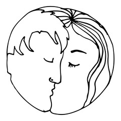 Man and woman are kissing. Circle silhouette with couple. Hand drawn line art vector illustration