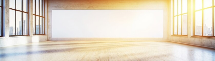 A spacious, sunlit room with large windows and a blank wall, ideal for presentations or art.