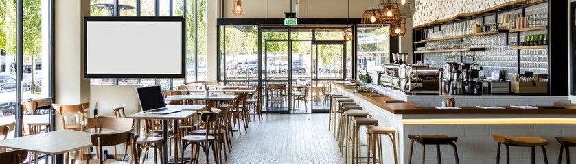 Fototapeta premium Modern café interior with wooden furniture and a large window.