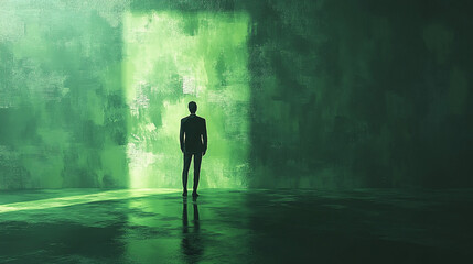 Obraz premium A modern silhouette of a businessman represents introspection amidst anxiety, ideal for mental health campaigns, corporate training materials, and motivational content.