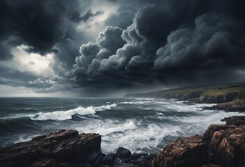Obraz premium A dramatic seascape scene with dark storm clouds rolling over the ocean, with waves crashing against rocky shores