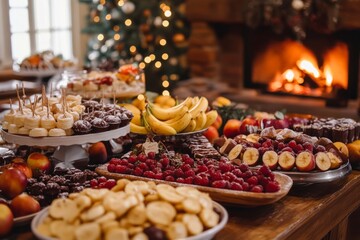 Fototapeta premium A festive display of delicious treats. There are fruits, chocolates, and snacks beautifully arranged. Perfect for gatherings and celebrations. Generative AI