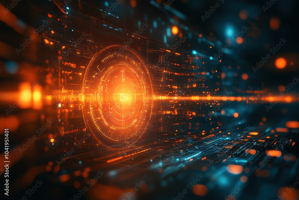 Poster abstract digital design of glowing lines and circles creating a futuristic technology backdrop