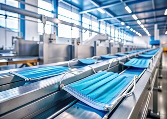 Fototapeta premium Minimalist Production of Surgical Masks on Conveyor Belt in Healthcare Setting