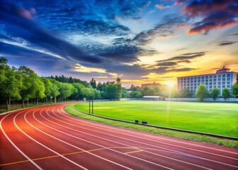 Scenic View of Empty Track in Green Field at Sunset