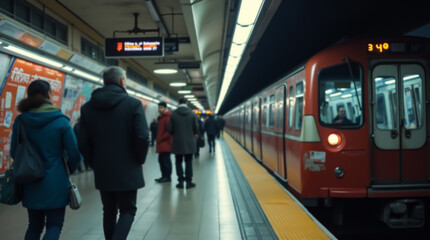 A red metro train stands on the platform, ready to depart
