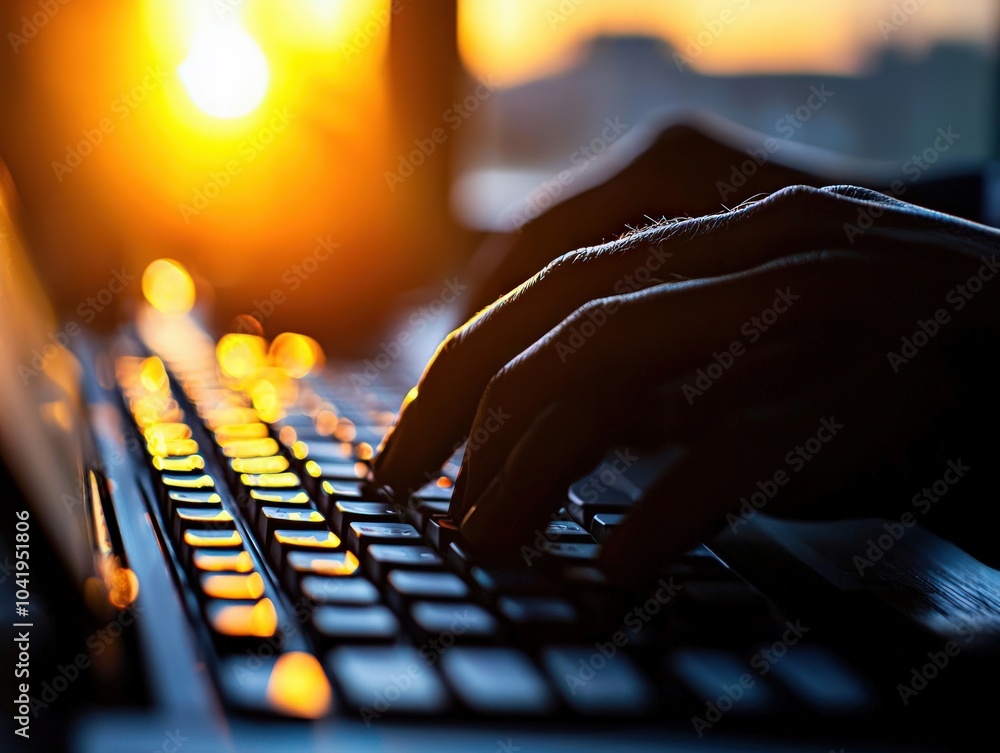 Poster capturing the golden hour the art of typing with backlit keys against a sunset backdrop
