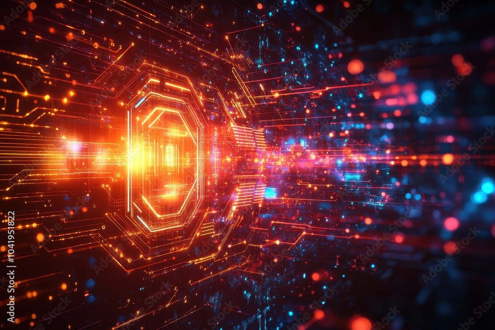 Poster vibrant digital art showcasing glowing circuits and tech patterns in a futuristic scene
