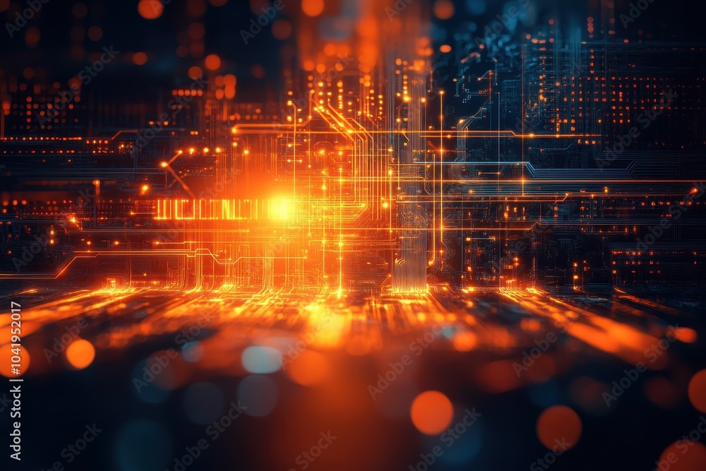 Poster glowing orange lights illuminate abstract digital circuits in a tech design process