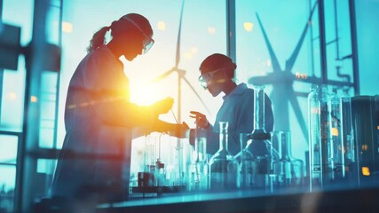 Two researchers collaborate on renewable energy experiments as sunlight fills the lab - Powered by Adobe