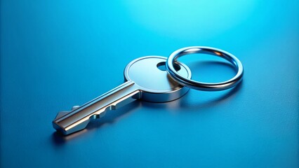 Minimalist Silver Key on Bright Blue Background - Conceptual Photography