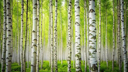 High angle view of birch wood with white and black trunks and light green leaves