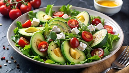 Fresh avocado salad with cherry tomatoes and feta served in a bowl