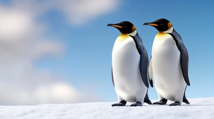 Fototapeta premium Two emperor penguins standing side by side on snowy terrain with a blue sky background,