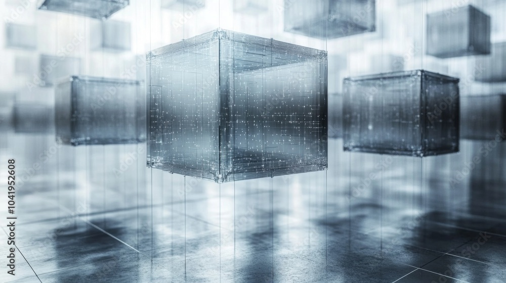 Fototapete translucent cubes levitate in a modern art setting, reflecting light and creating a serene ambiance.