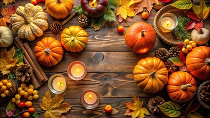 High angle view of table with candles and pumpkins