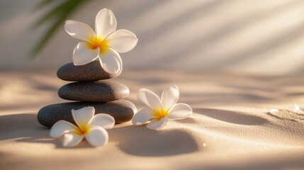 Fototapeta premium White frangipani flowers are decorating a stack of zen stones on a sandy beach with palm leaves in the background. This image evokes a sense of peace and tranquility