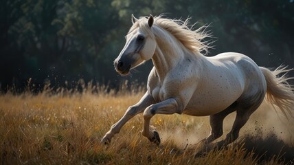 A white rooster runs through a tall grass field, a strong leg pushing him forward with easy grace. The horse's coat is sparkling in the sun, expressing the shades of cream and smooth silver.