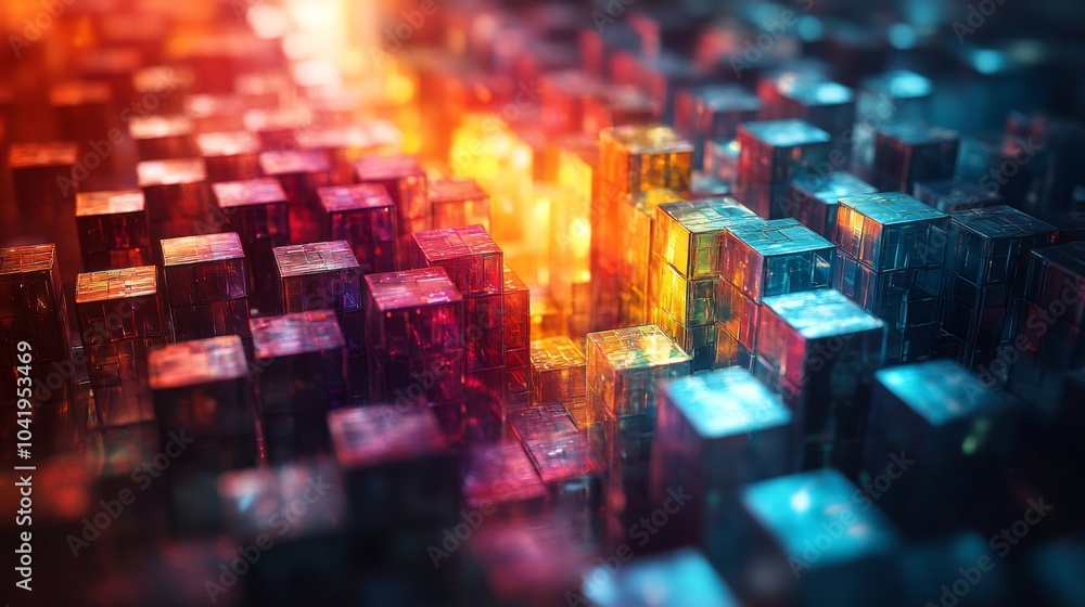 Aufkleber Vibrant blocks in shades of red, blue, and orange create a stunning abstract landscape, illuminated with a soft glow that enhances their geometric forms.