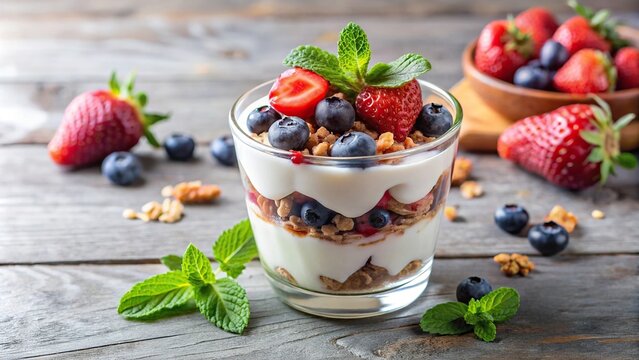 Delicious berry yogurt parfait with granola and mint