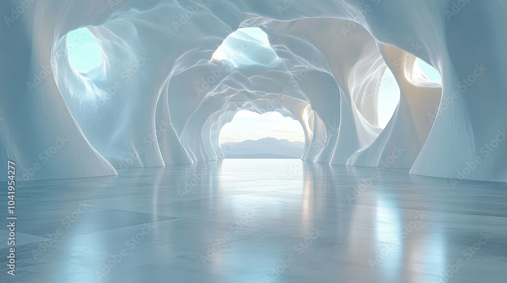 Poster the interior features flowing, organic shapes illuminated by soft light, creating a tranquil ambianc