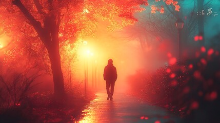 A Solitary Figure Walking Through a Foggy Path