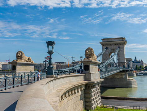 Chain Bridge Facing Pest Across Danube River in Budapest, Hungary.
