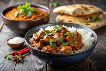 Delicious bowl of Rogan Josh Indian lamb curry and basmati rice