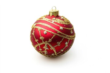 Red Christmas ball with golden glitter patterns on white