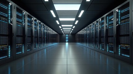 A sleek data center with rows of servers and glowing LEDs, modern and organized layout, Futuristic style