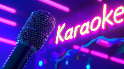 Close-up of a microphone with a vibrant neon karaoke sign in the background.