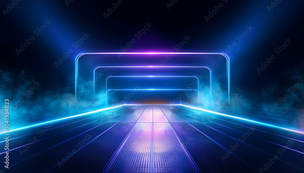 Wall mural empty stage for shows with neon lighting and haze in tilted angle