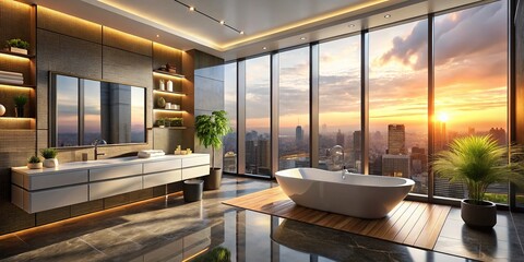 Fototapeta premium Modern Bathroom with City View at Sunset – Luxurious Design, Relaxation, and Urban Serenity