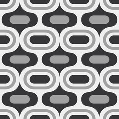 Retro Atomic ogee ovals grey black Vector Pattern. Mid-century modern style Atomic capsules monochrome black seamless pattern.